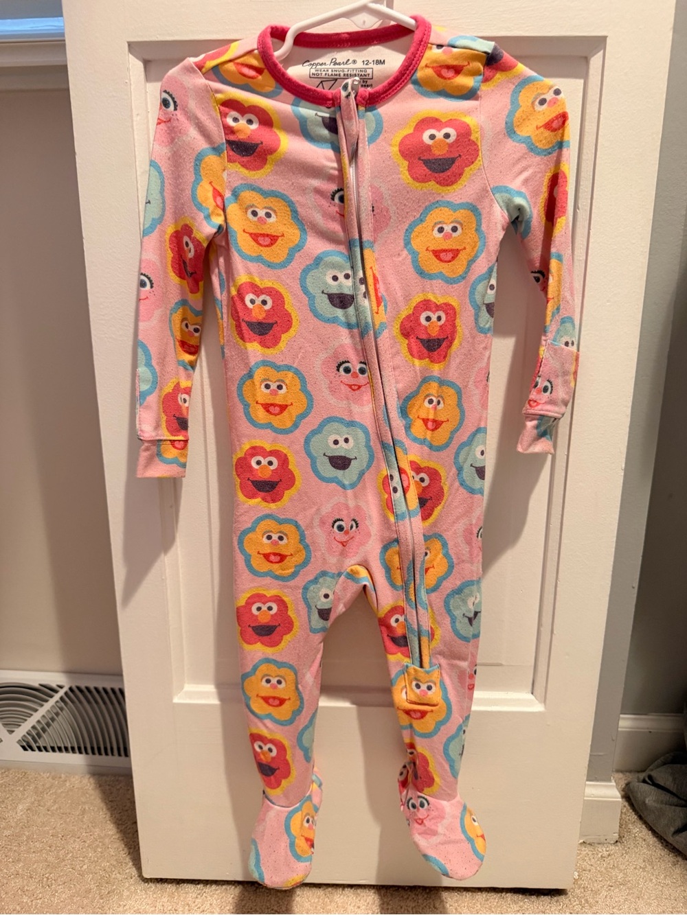 Copper pearl Pink Sesame Street Face Zip-Front Footed One-Piece